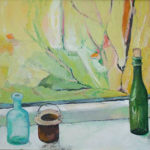 Bottles and Bucket Pot with View - bowmanoilpaintings.co.uk